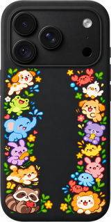 Tiny Animal Reunion iPhone case design preview in Black. Model-specific fit and camera openings vary.