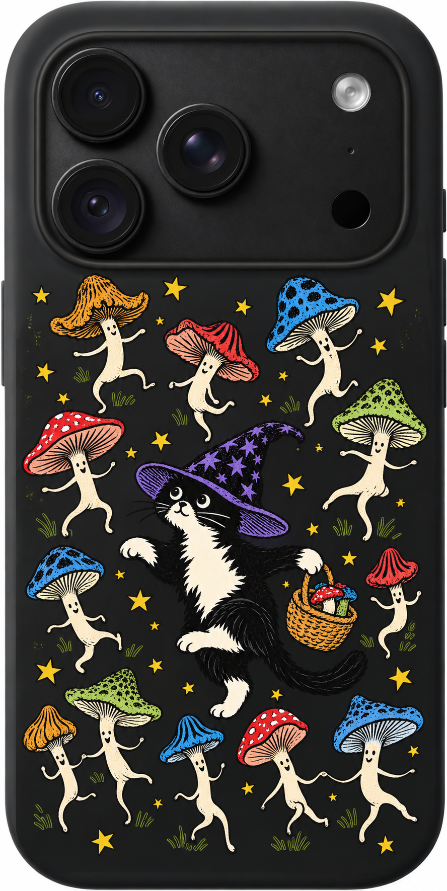 Mushroom Cat Masquerade iPhone case design preview in Black. Model-specific fit and camera openings vary.