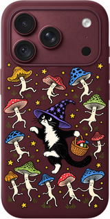 Mushroom Cat Masquerade iPhone case design preview in Burgundy. Model-specific fit and camera openings vary.