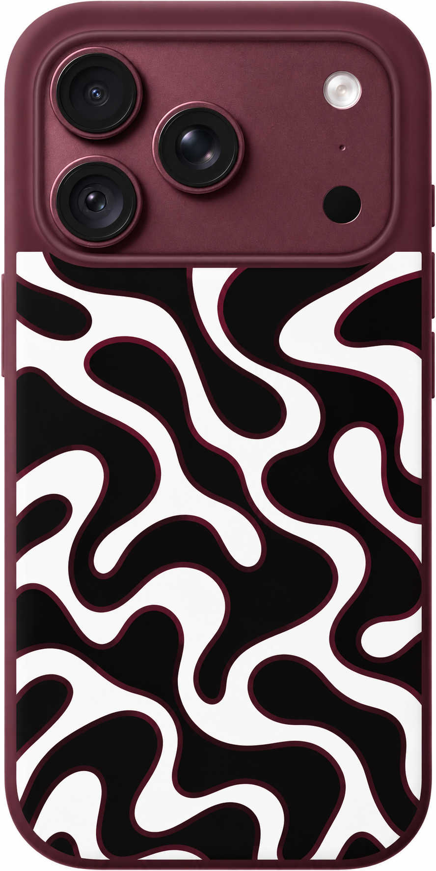 Monochrome Meander iPhone case design preview in Burgundy. Model-specific fit and camera openings vary.