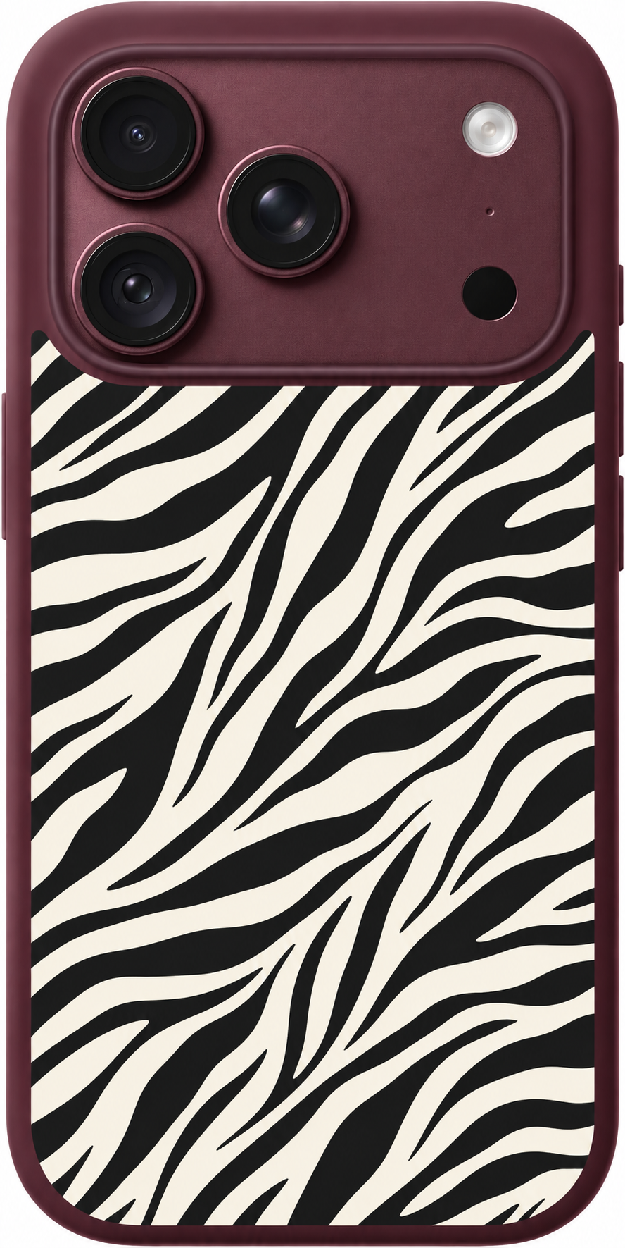 Zebra Current iPhone case design preview in Burgundy. Model-specific fit and camera openings vary.