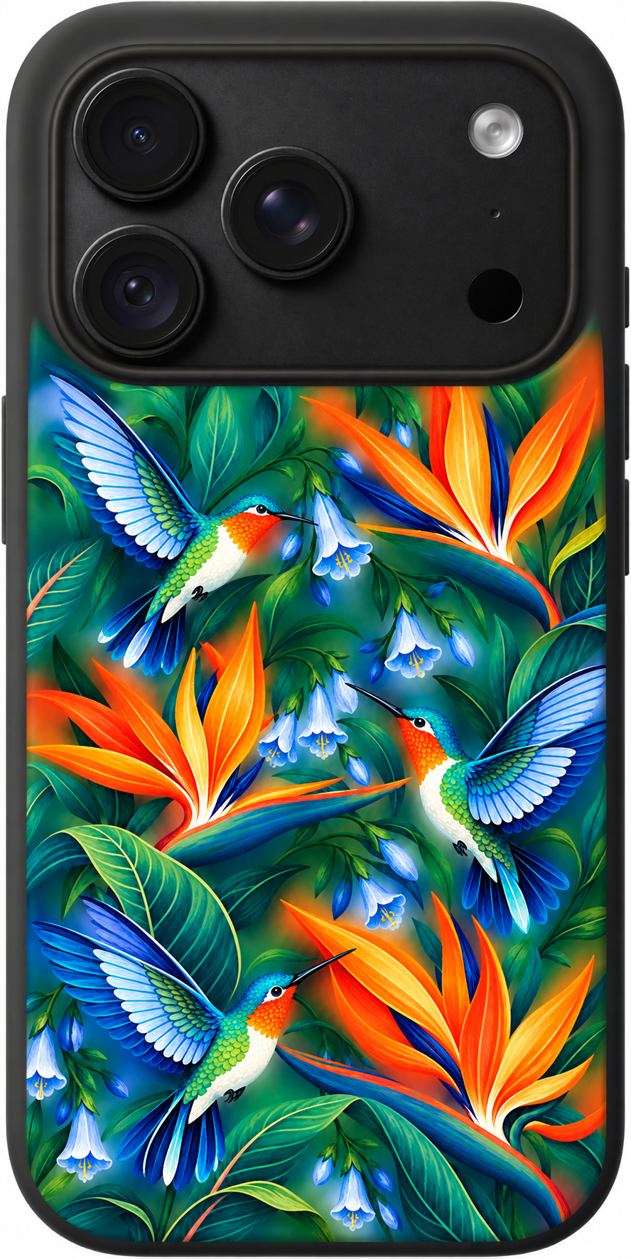 Hummingbird Tropics iPhone case design preview in Black. Model-specific fit and camera openings vary.