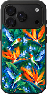 Hummingbird Tropics iPhone case design preview in Black. Model-specific fit and camera openings vary.