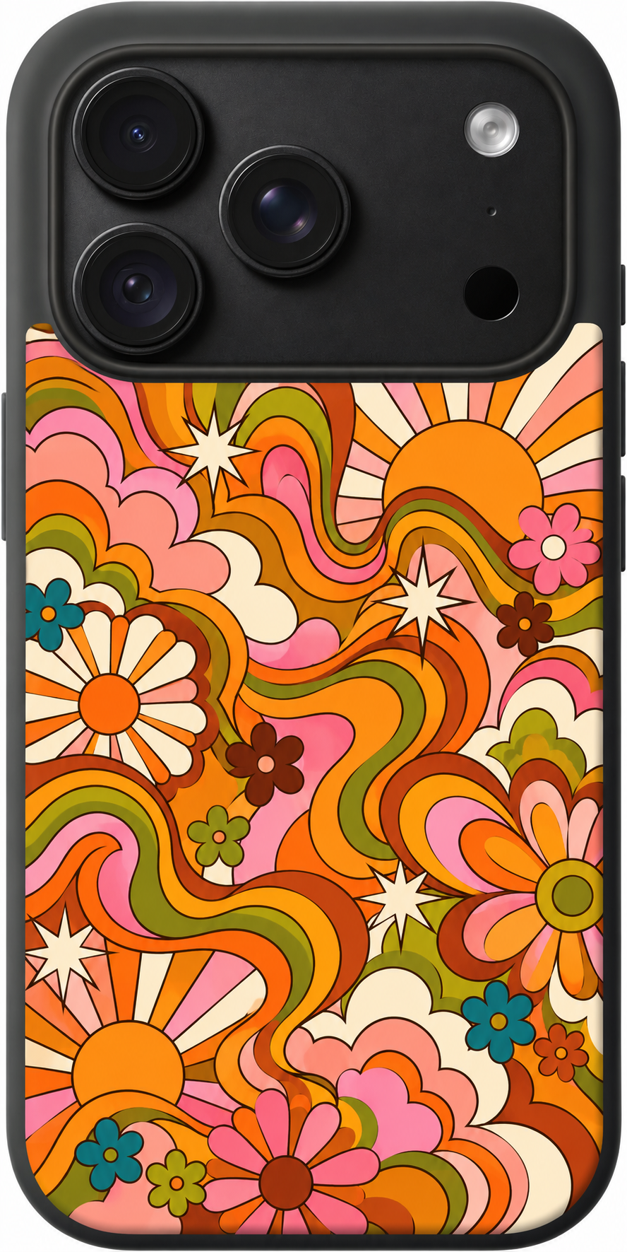 Seventies Sunwave iPhone case design preview in Black. Model-specific fit and camera openings vary.