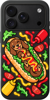 Hotdog Pup Picnic iPhone case design preview in Black. Model-specific fit and camera openings vary.