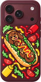 Hotdog Pup Picnic iPhone case design preview in Burgundy. Model-specific fit and camera openings vary.