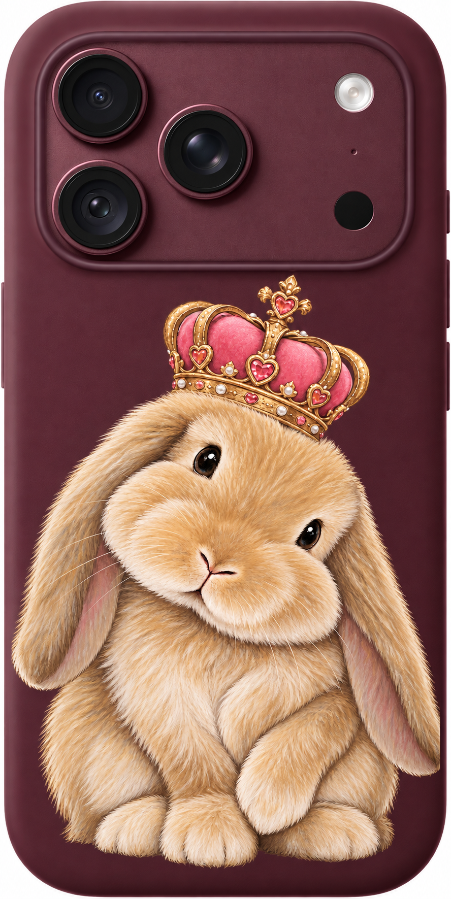 Crowned Bunny Reverie iPhone case design preview in Burgundy. Model-specific fit and camera openings vary.