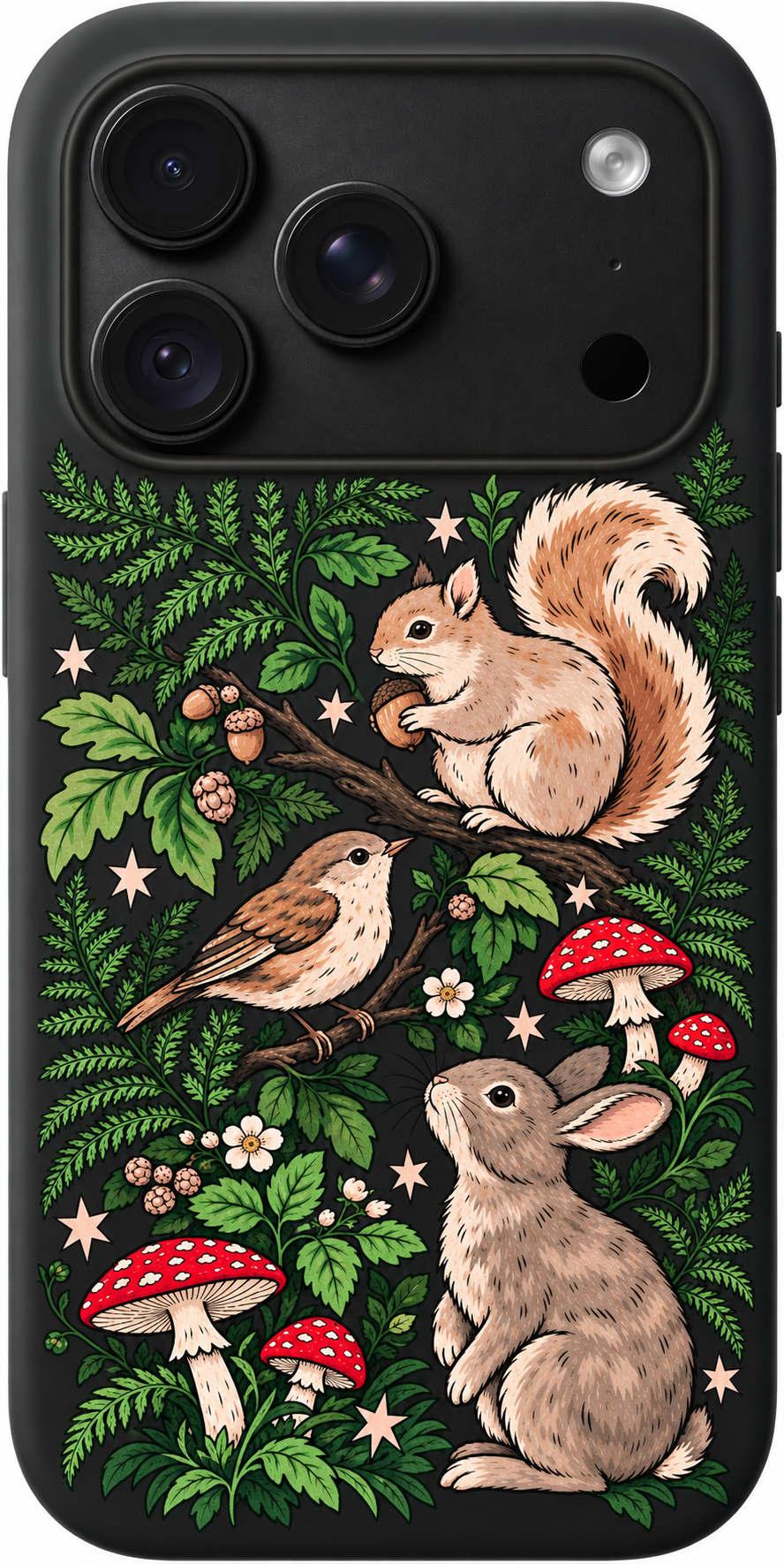 Woodland Starlight iPhone case design preview in Black. Model-specific fit and camera openings vary.