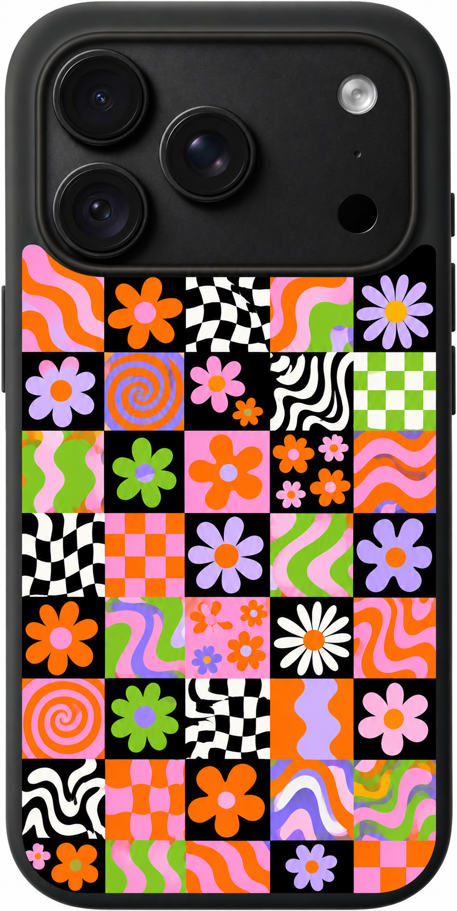 Retro Patchwork Fiesta iPhone case design preview in Black. Model-specific fit and camera openings vary.