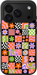 Retro Patchwork Fiesta iPhone case design preview in Black. Model-specific fit and camera openings vary.