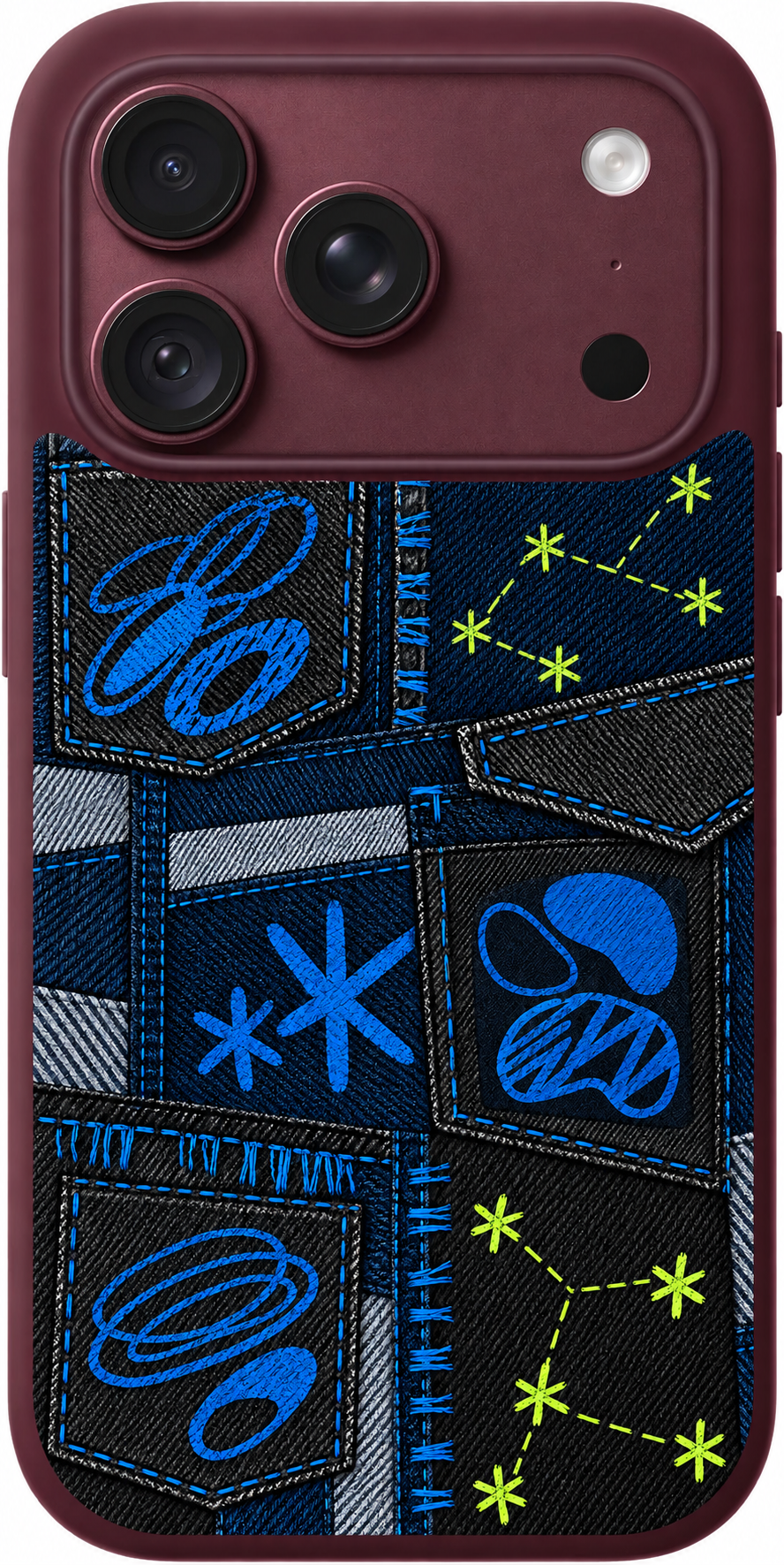 Midnight Pocket Doodles iPhone case design preview in Burgundy. Model-specific fit and camera openings vary.