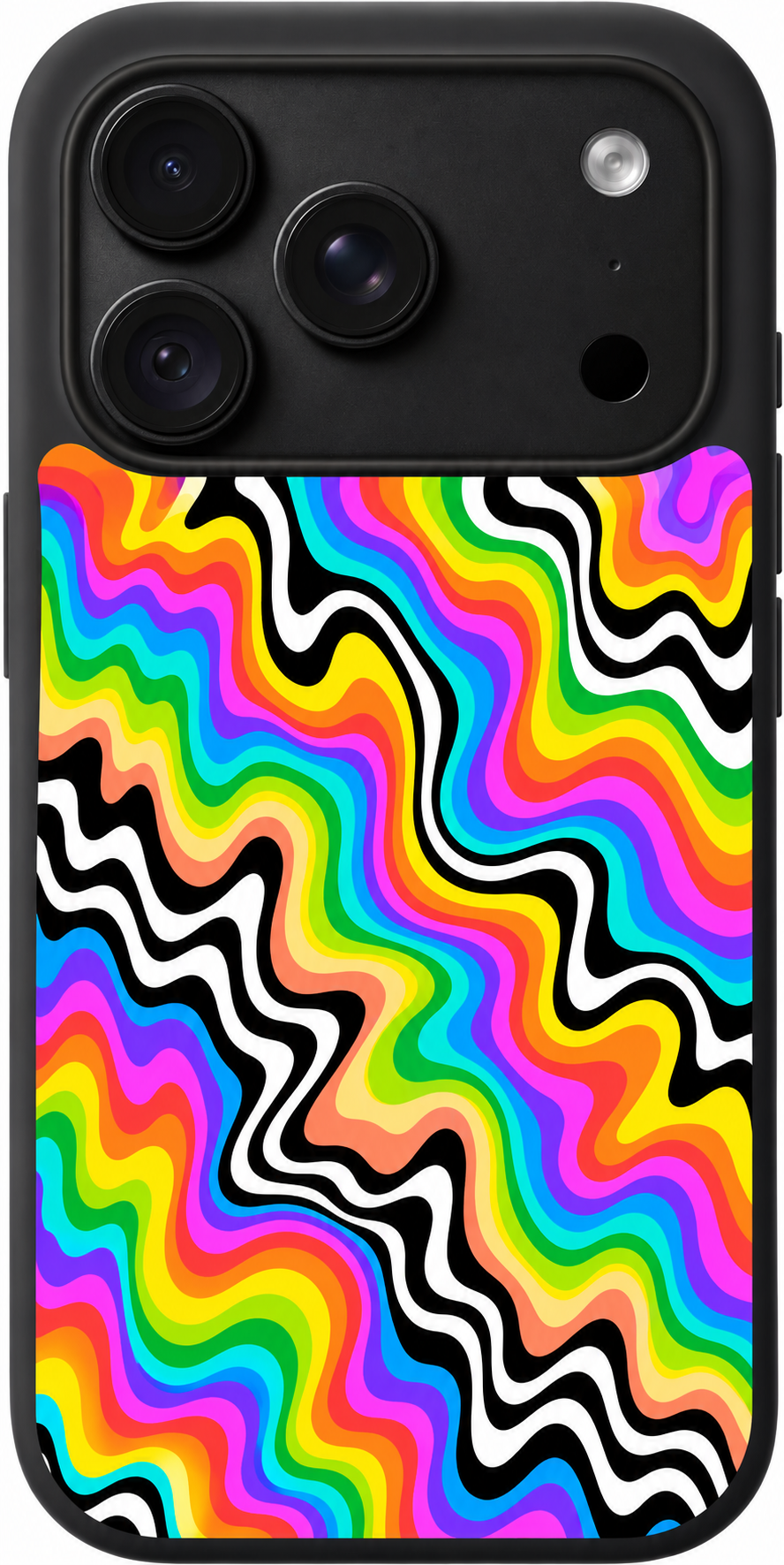Rainbow Melt Rhythm iPhone case design preview in Black. Model-specific fit and camera openings vary.