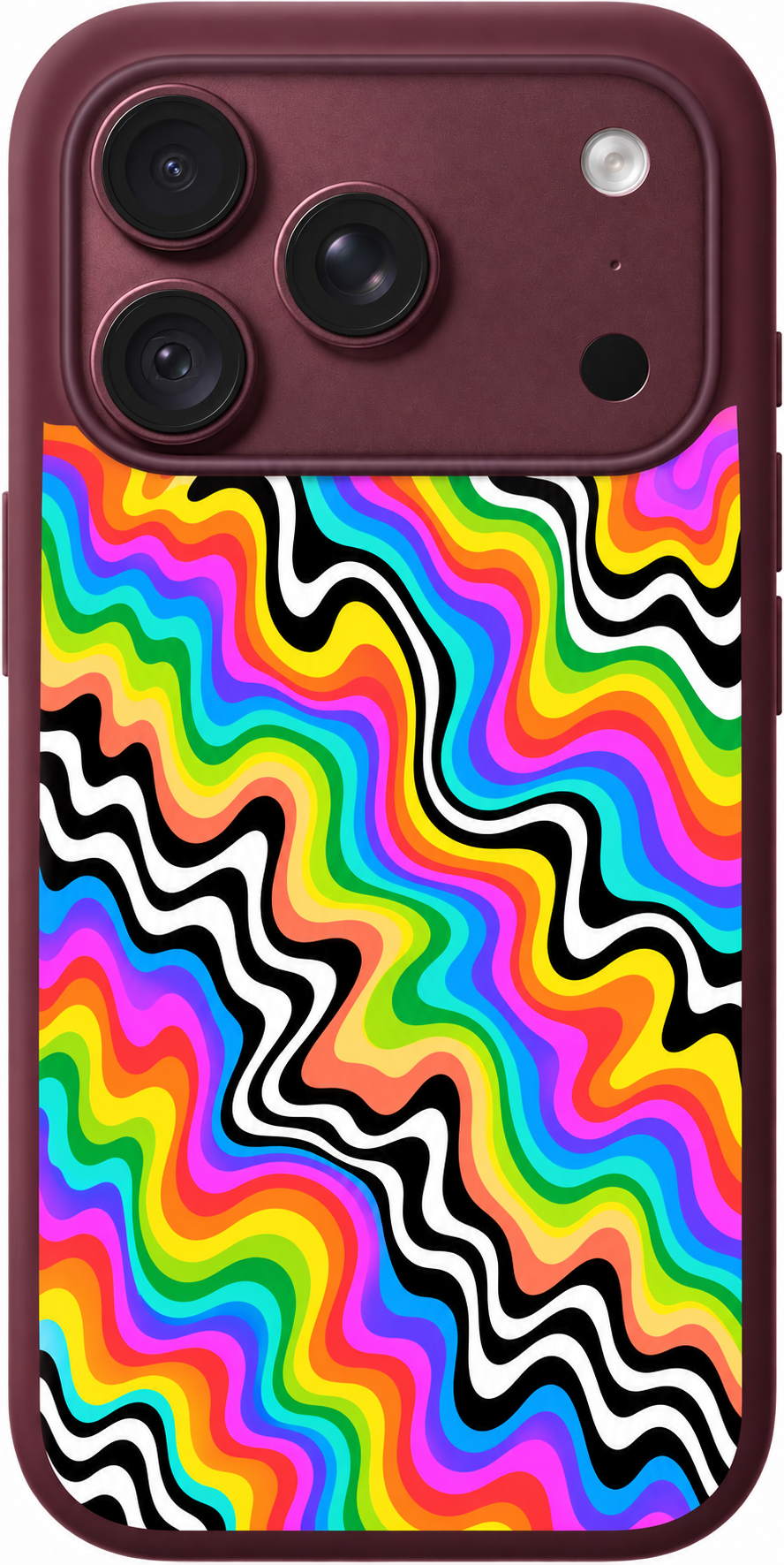 Rainbow Melt Rhythm iPhone case design preview in Burgundy. Model-specific fit and camera openings vary.