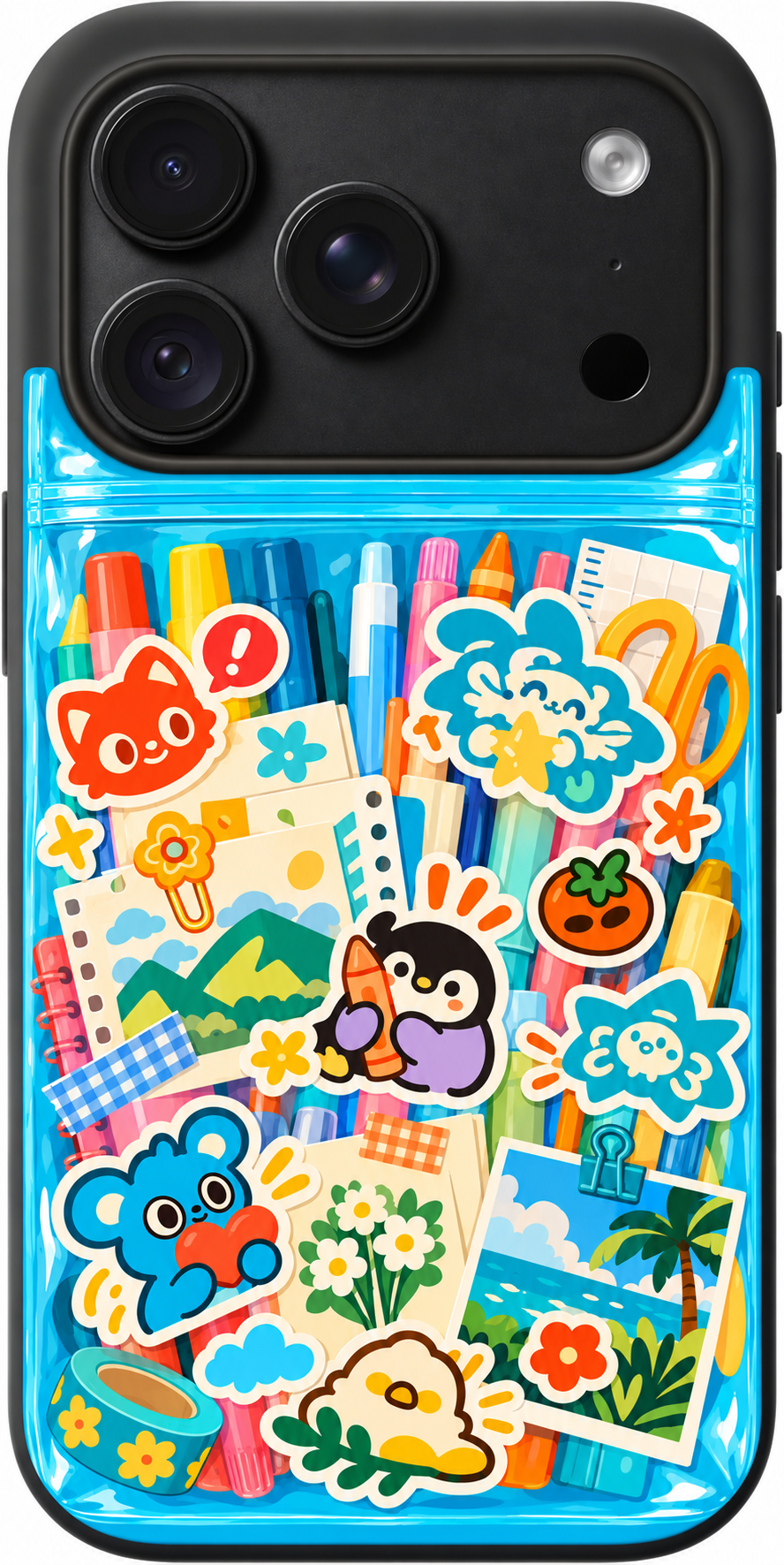 Creative Sticker Stash iPhone case design preview in Black. Model-specific fit and camera openings vary.