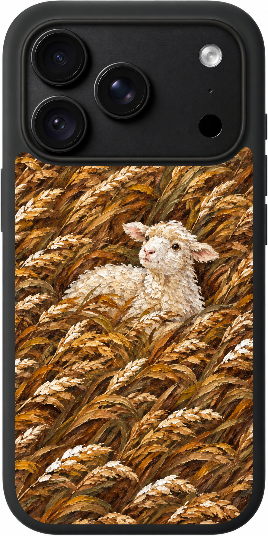 Wheatfield Lamb Reverie iPhone case design preview in Black. Model-specific fit and camera openings vary.