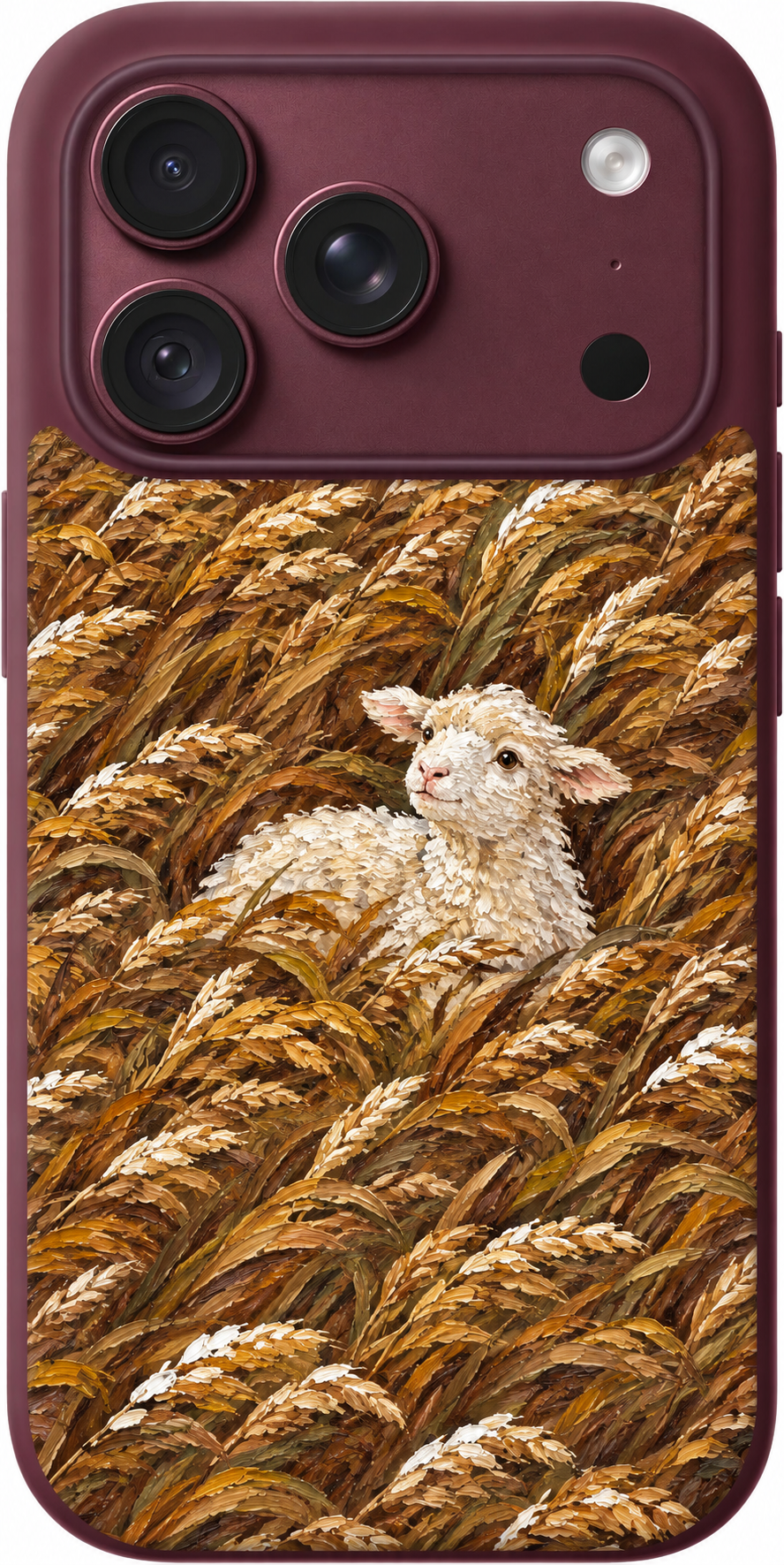 Wheatfield Lamb Reverie iPhone case design preview in Burgundy. Model-specific fit and camera openings vary.