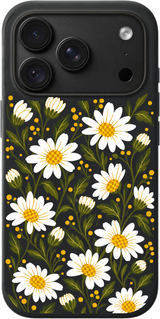 Golden Daisy Stems iPhone case design preview in Black. Model-specific fit and camera openings vary.