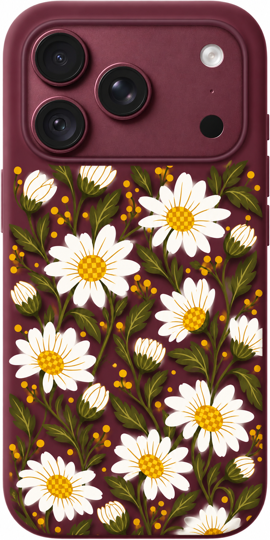 Golden Daisy Stems iPhone case design preview in Burgundy. Model-specific fit and camera openings vary.