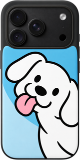 Playful Pup Lick iPhone case design preview in Black. Model-specific fit and camera openings vary.