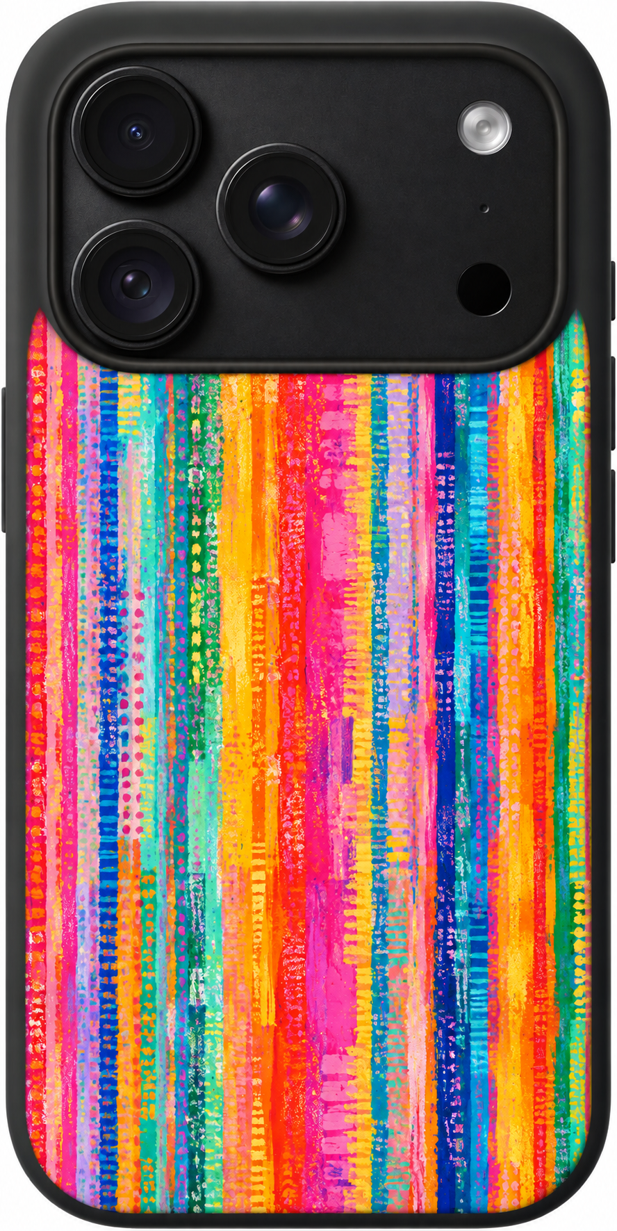 Prismatic Stripe Tapestry iPhone case design preview in Black. Model-specific fit and camera openings vary.