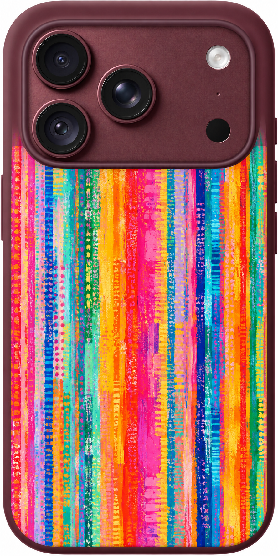 Prismatic Stripe Tapestry iPhone case design preview in Burgundy. Model-specific fit and camera openings vary.