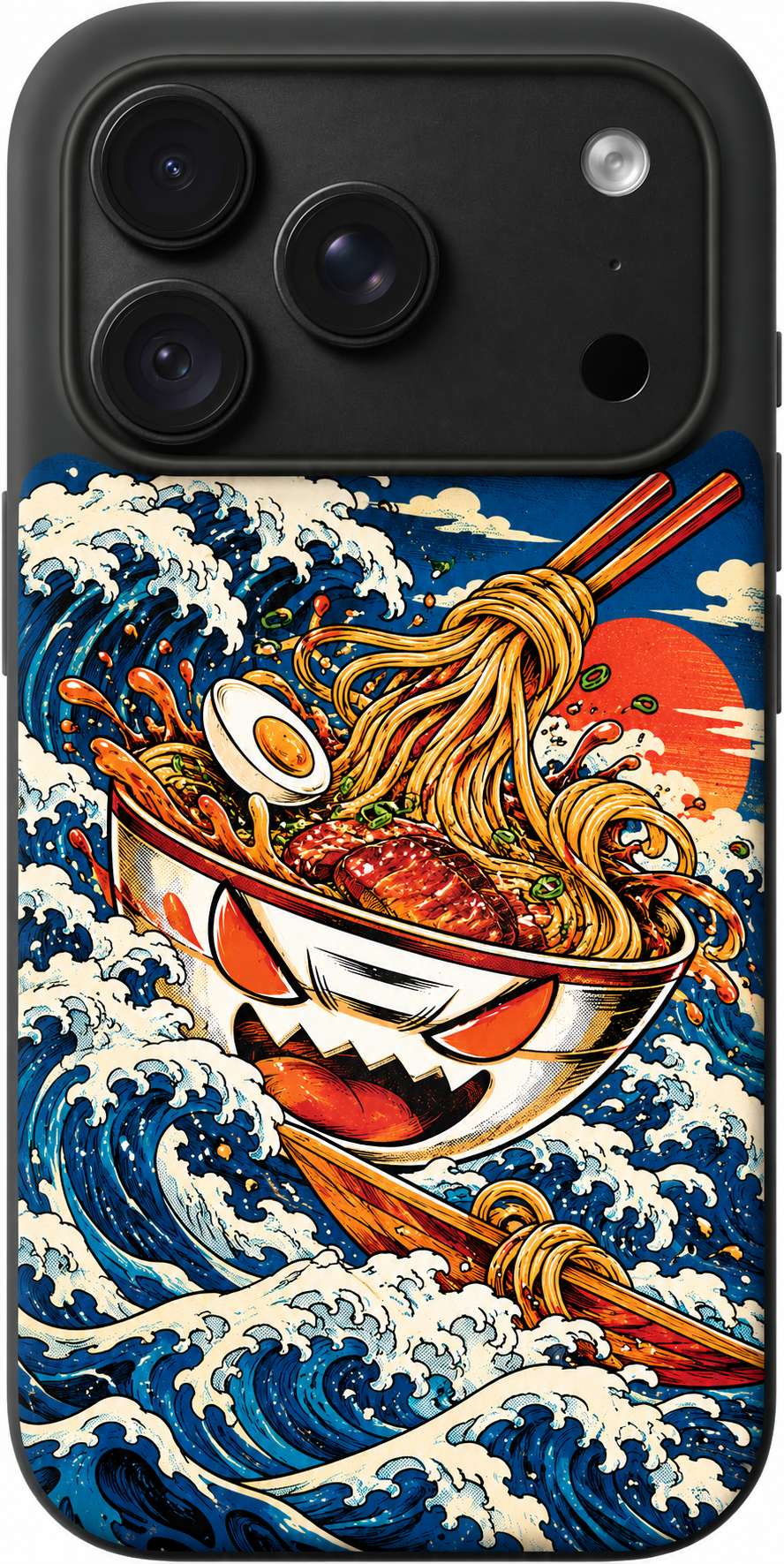 Ramen Wave Rider iPhone case design preview in Black. Model-specific fit and camera openings vary.