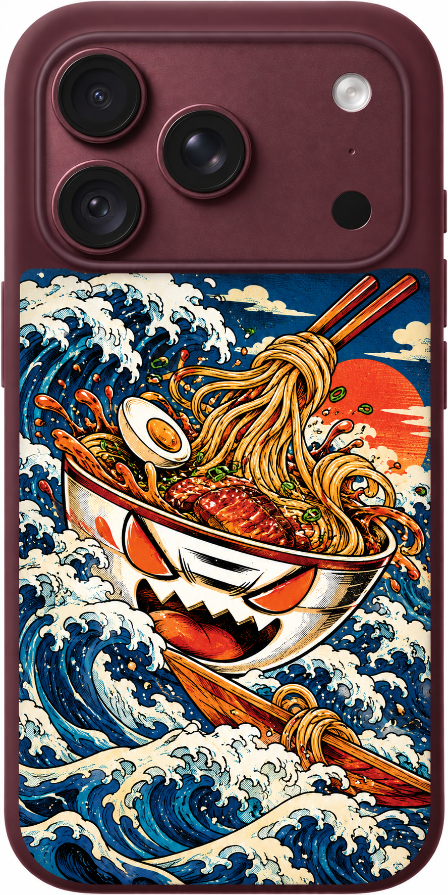 Ramen Wave Rider iPhone case design preview in Burgundy. Model-specific fit and camera openings vary.