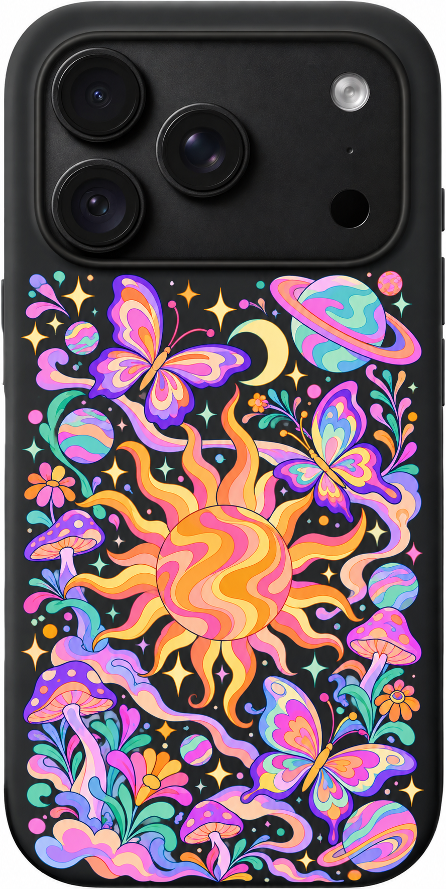 Cosmic Garden Waltz iPhone case design preview in Black. Model-specific fit and camera openings vary.