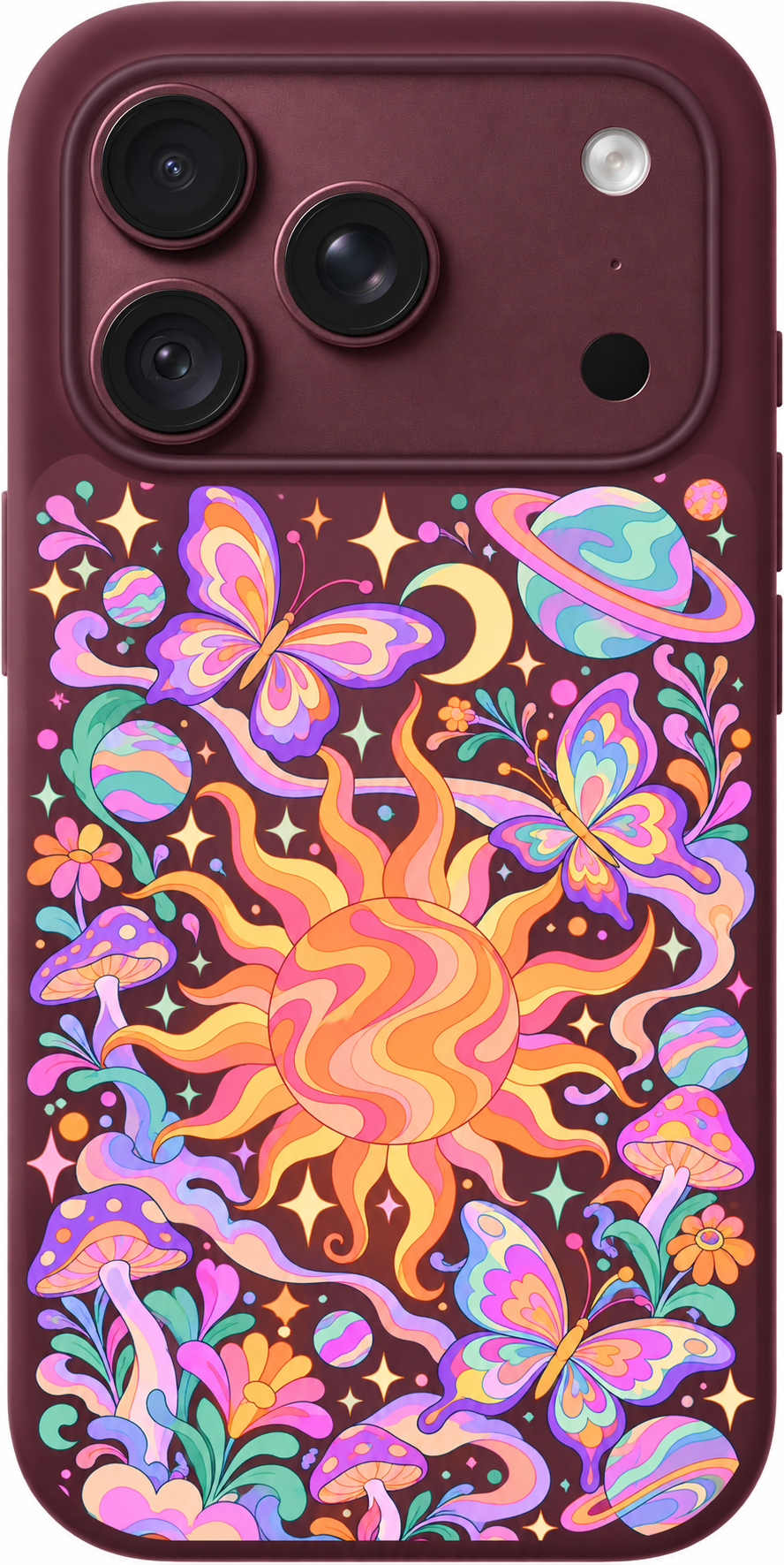 Cosmic Garden Waltz iPhone case design preview in Burgundy. Model-specific fit and camera openings vary.