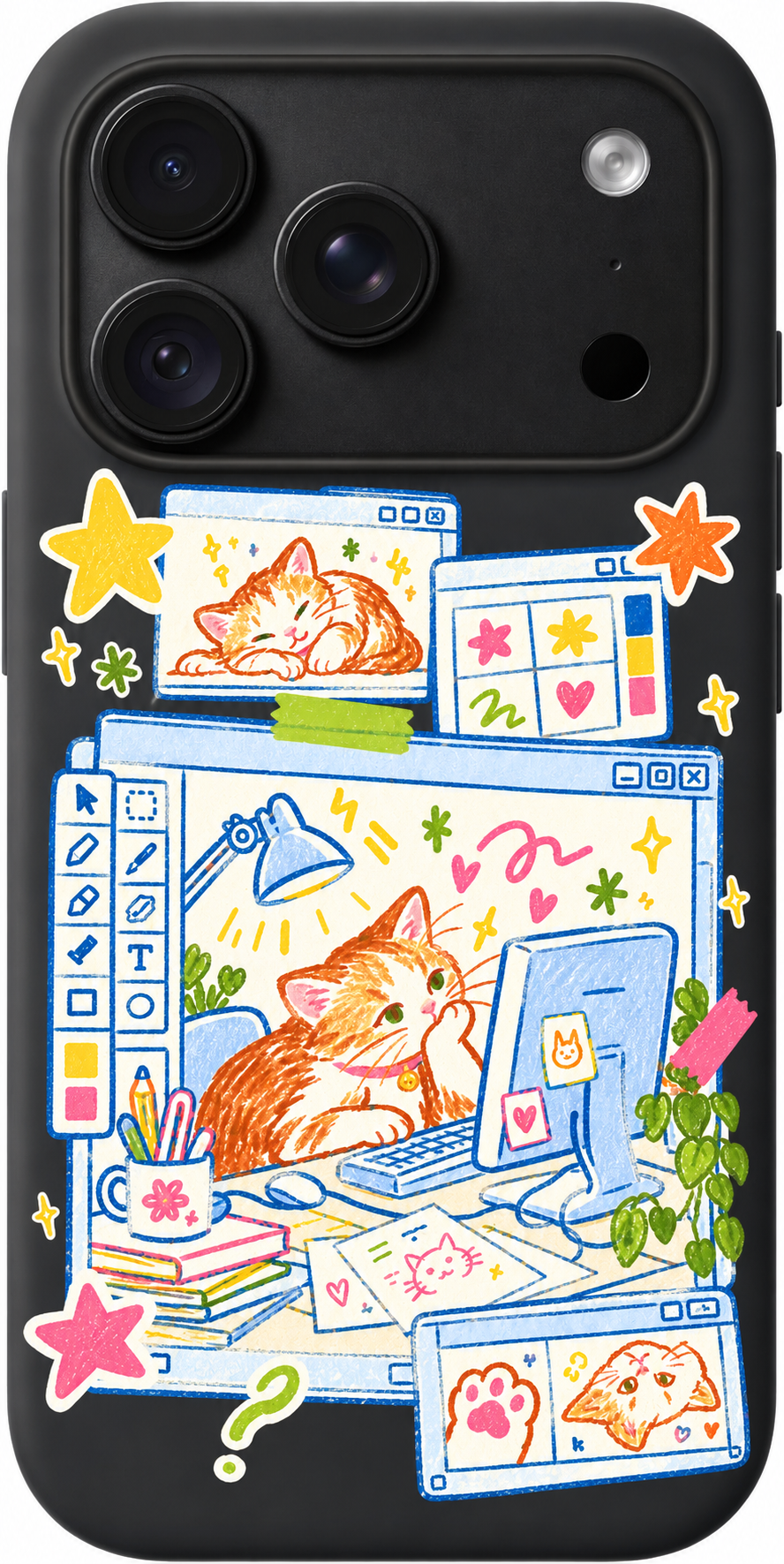 Creative Cat Overtime iPhone case design preview in Black. Model-specific fit and camera openings vary.