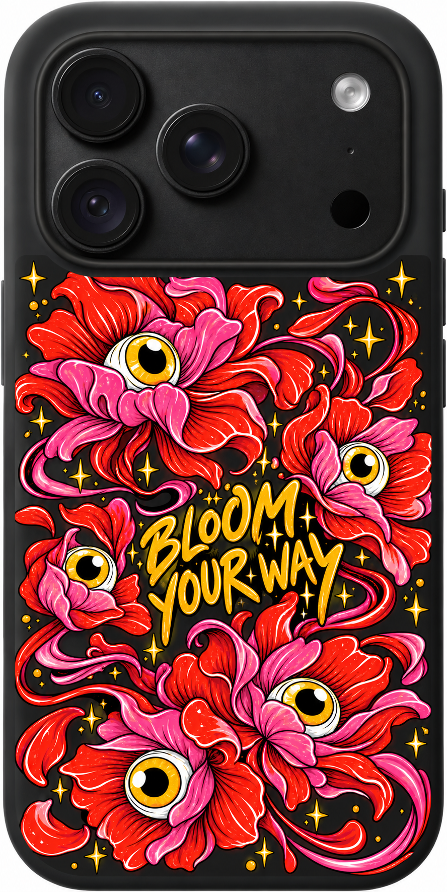 Bloom Your Way iPhone case design preview in Black. Model-specific fit and camera openings vary.