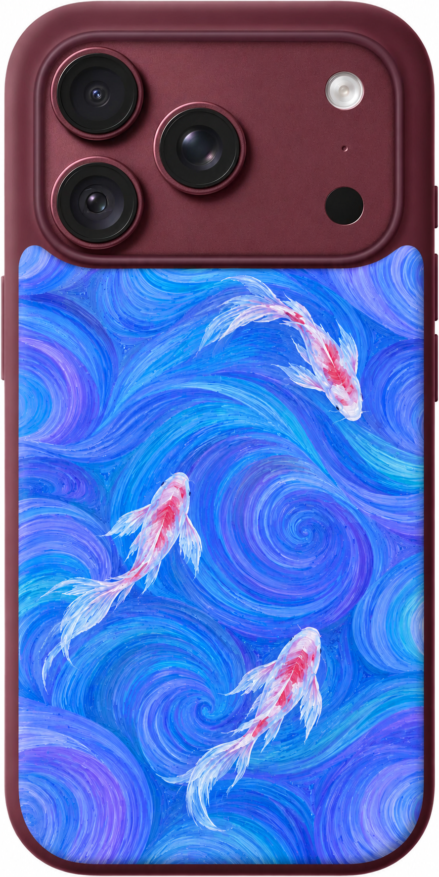 Koi Current Reverie iPhone case design preview in Burgundy. Model-specific fit and camera openings vary.