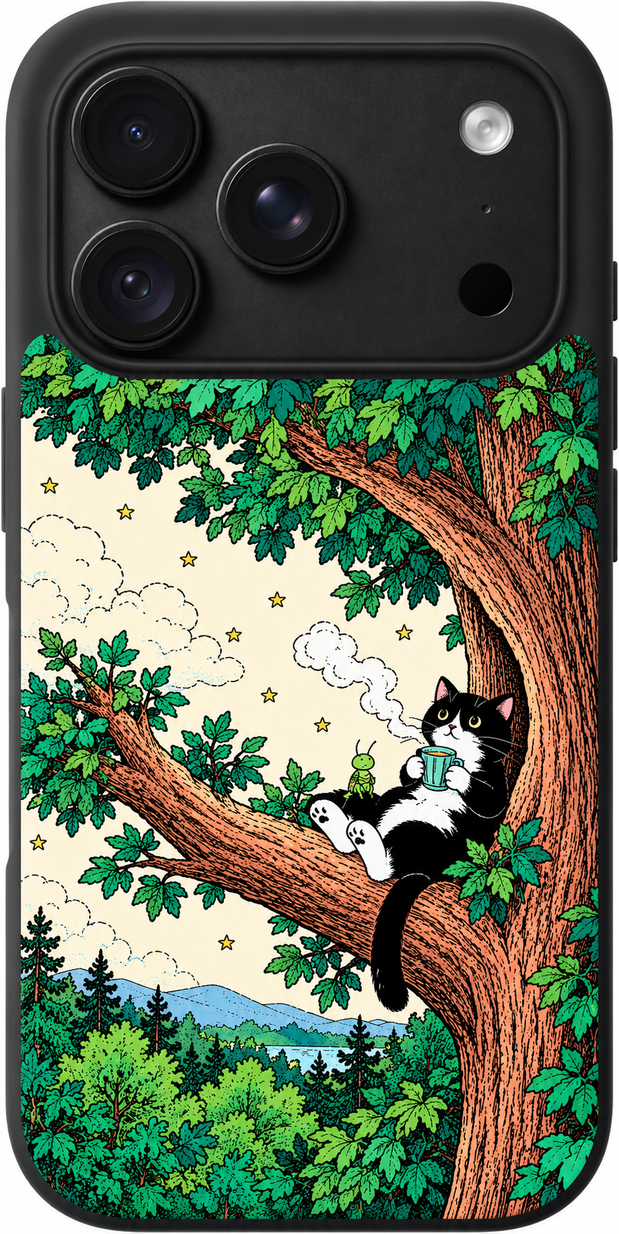 Treehouse Cat Pause iPhone case design preview in Black. Model-specific fit and camera openings vary.