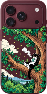 Treehouse Cat Pause iPhone case design preview in Burgundy. Model-specific fit and camera openings vary.