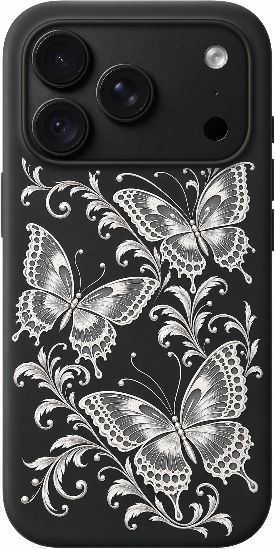 Silver Butterfly Scroll iPhone case design preview in Black. Model-specific fit and camera openings vary.