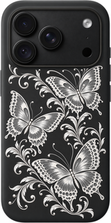 Silver Butterfly Scroll iPhone case design preview in Black. Model-specific fit and camera openings vary.