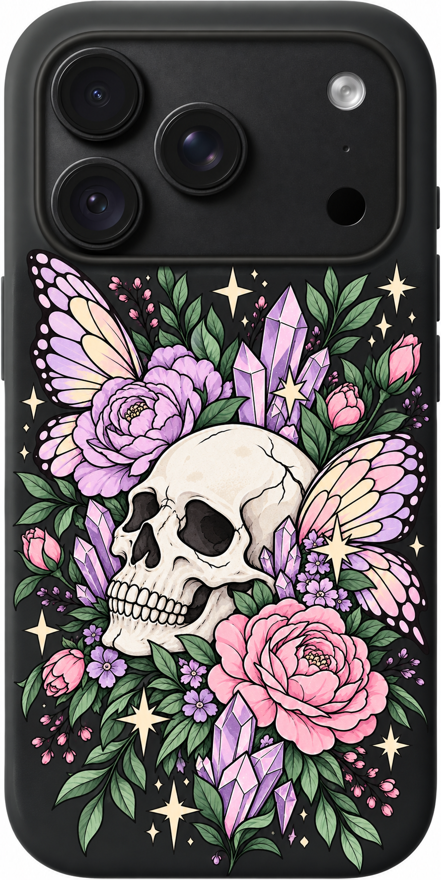 Enchanted Skull Garden iPhone case design preview in Black. Model-specific fit and camera openings vary.