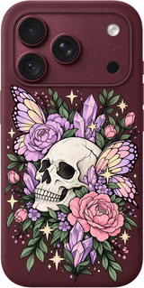 Enchanted Skull Garden iPhone case design preview in Burgundy. Model-specific fit and camera openings vary.
