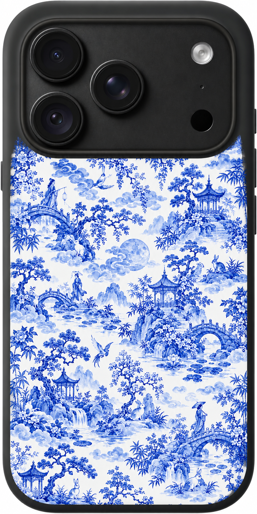 Blue Moon Toile iPhone case design preview in Black. Model-specific fit and camera openings vary.