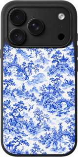 Blue Moon Toile iPhone case design preview in Black. Model-specific fit and camera openings vary.