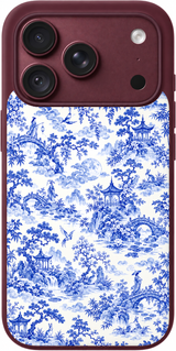 Blue Moon Toile iPhone case design preview in Burgundy. Model-specific fit and camera openings vary.