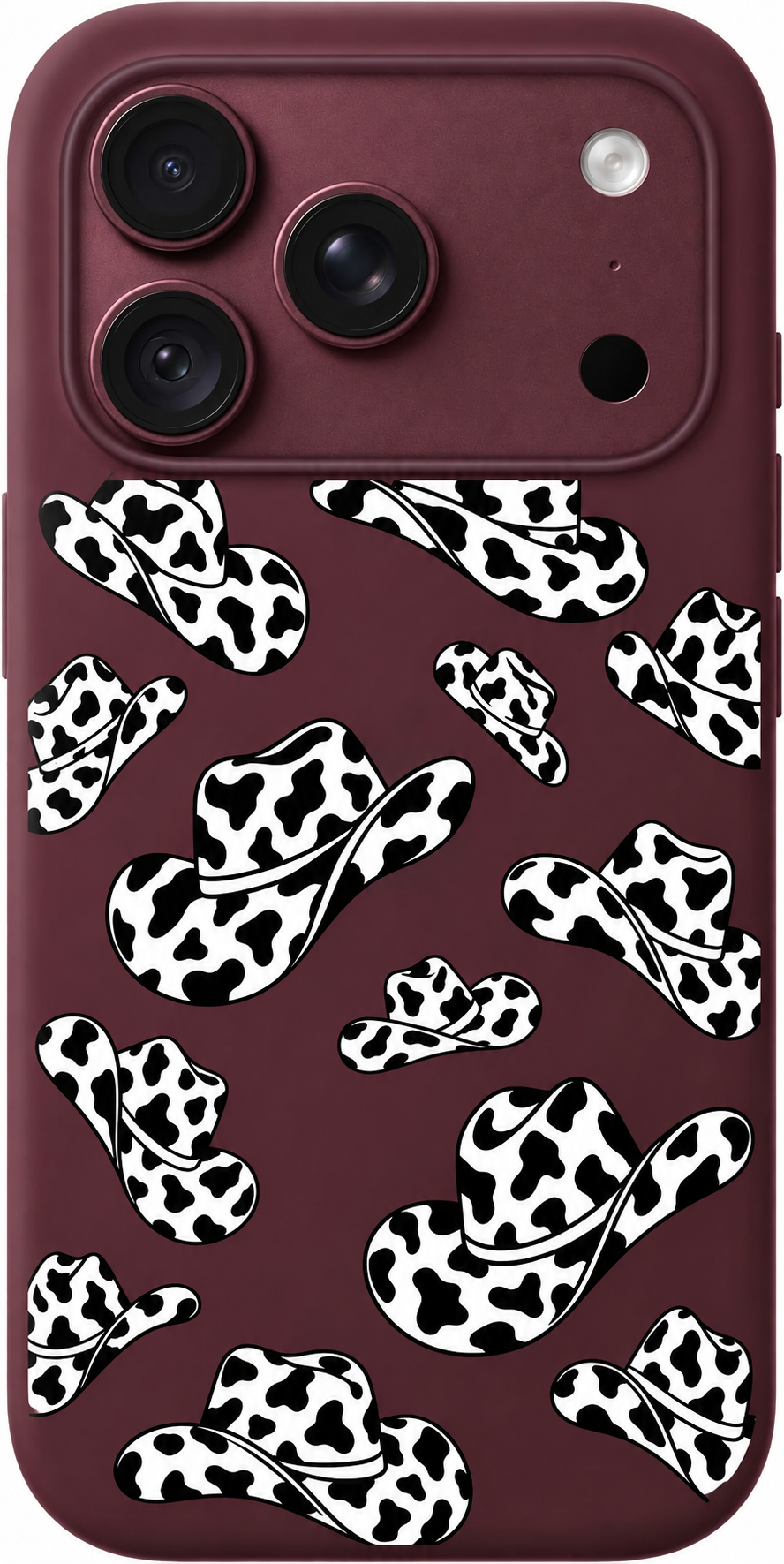 Cowgirl Hat Shuffle iPhone case design preview in Burgundy. Model-specific fit and camera openings vary.