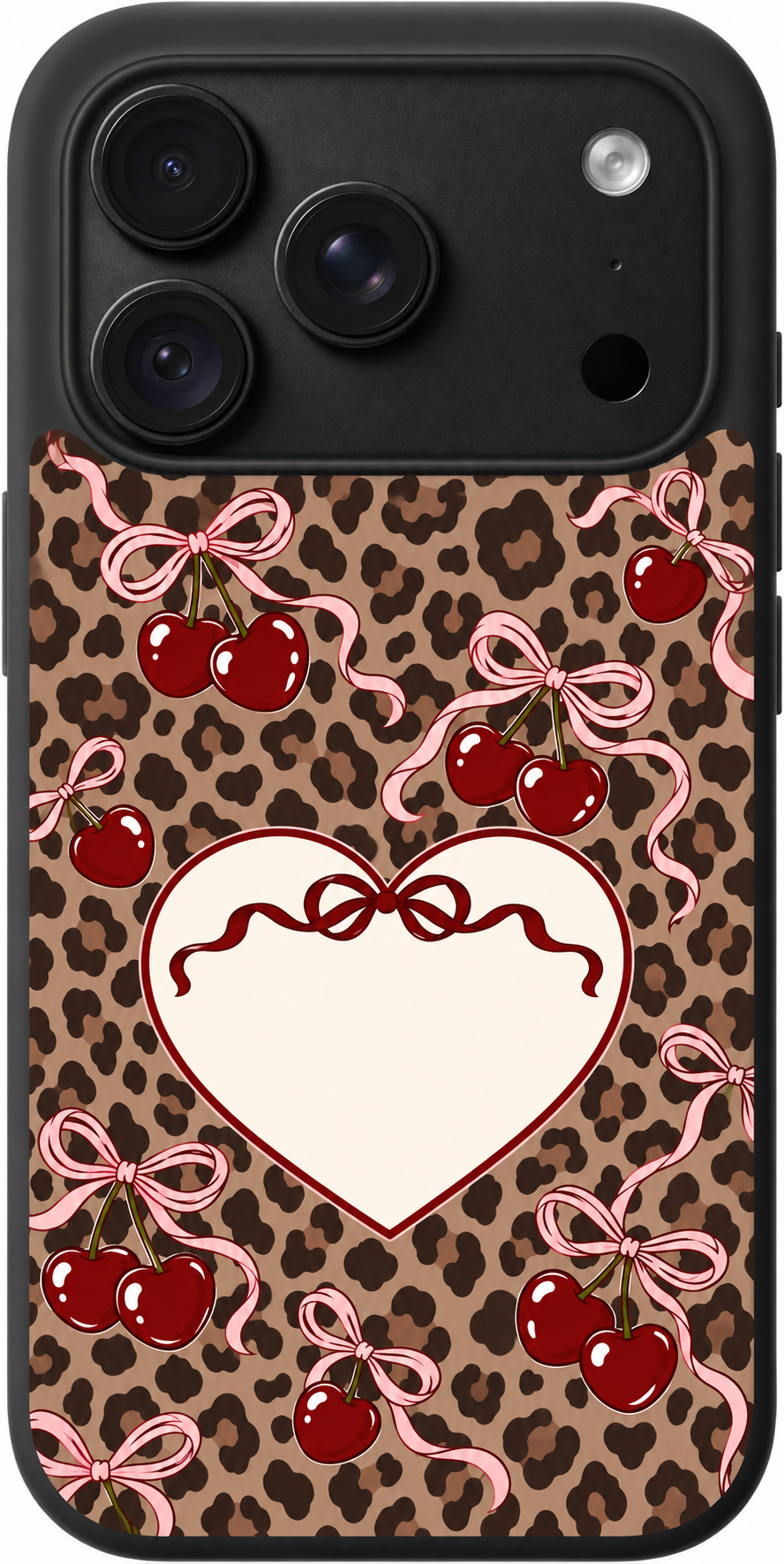 Cherry Leopard Keepsake iPhone case design preview in Black. Model-specific fit and camera openings vary.
