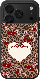 Cherry Leopard Keepsake iPhone case design preview in Black. Model-specific fit and camera openings vary.