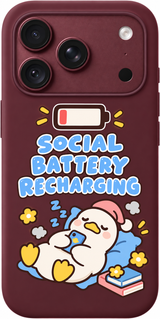 Social Battery Break iPhone case design preview in Burgundy. Model-specific fit and camera openings vary.