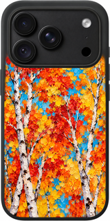 Autumn Birch Blaze iPhone case design preview in Black. Model-specific fit and camera openings vary.