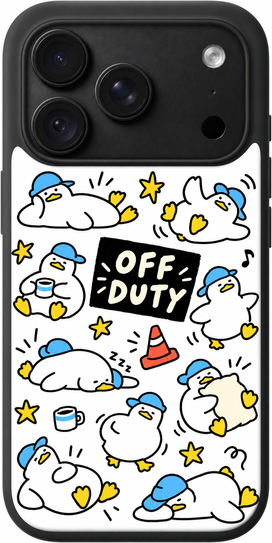 Duck Off Duty iPhone case design preview in Black. Model-specific fit and camera openings vary.