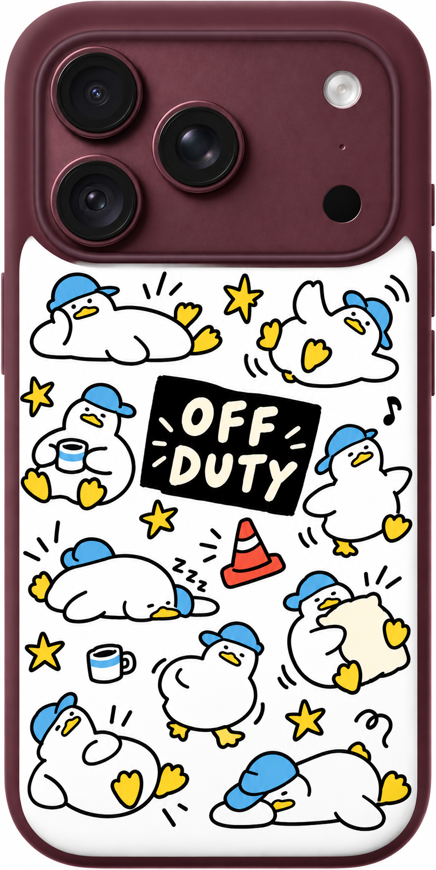 Duck Off Duty iPhone case design preview in Burgundy. Model-specific fit and camera openings vary.