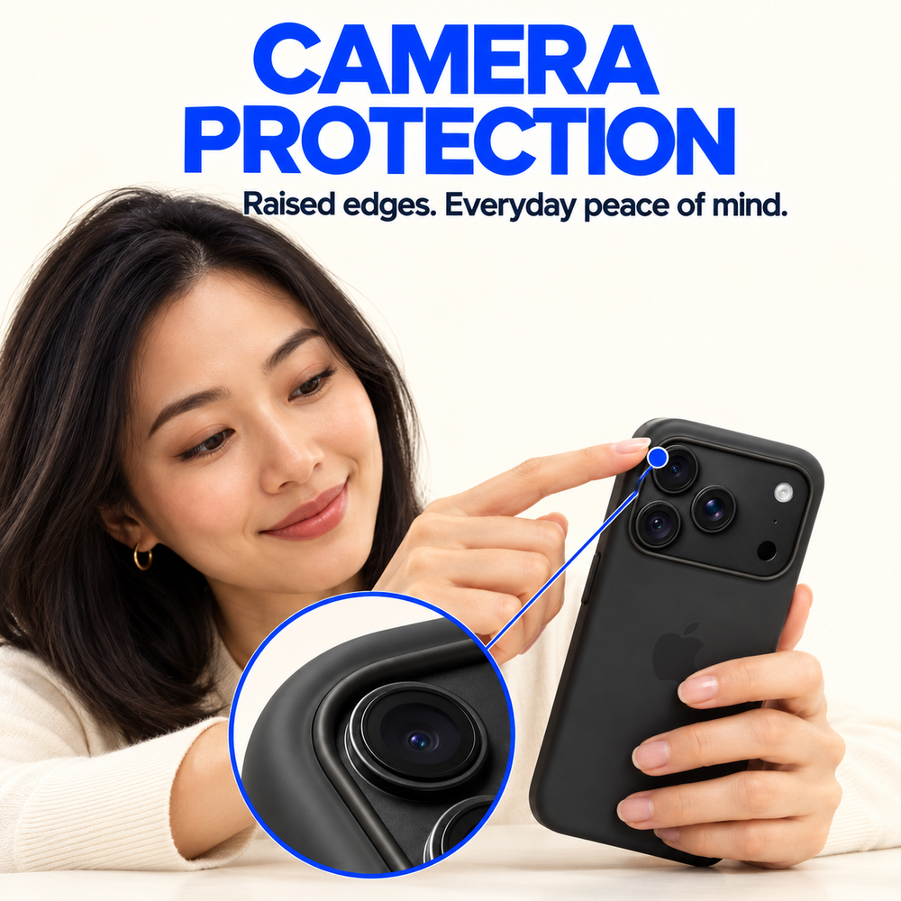 East Asian adult woman demonstrating the raised camera surround. AI-generated illustrative feature demonstration.