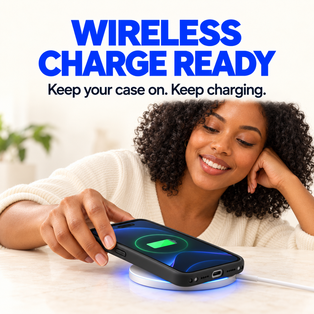 Black adult woman placing a black-cased phone on a wireless charging puck. AI-generated illustrative feature demonstration.